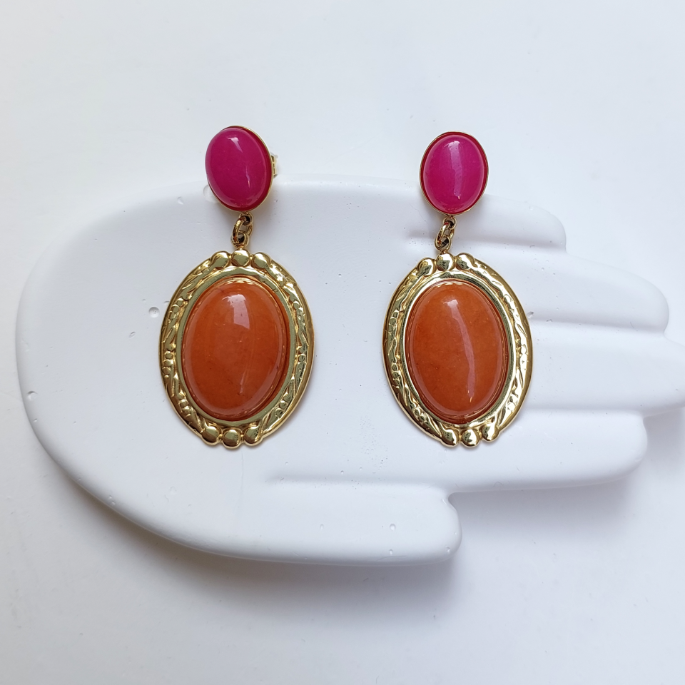 Çelik Turuncu & Pembe Taşlı Küpe