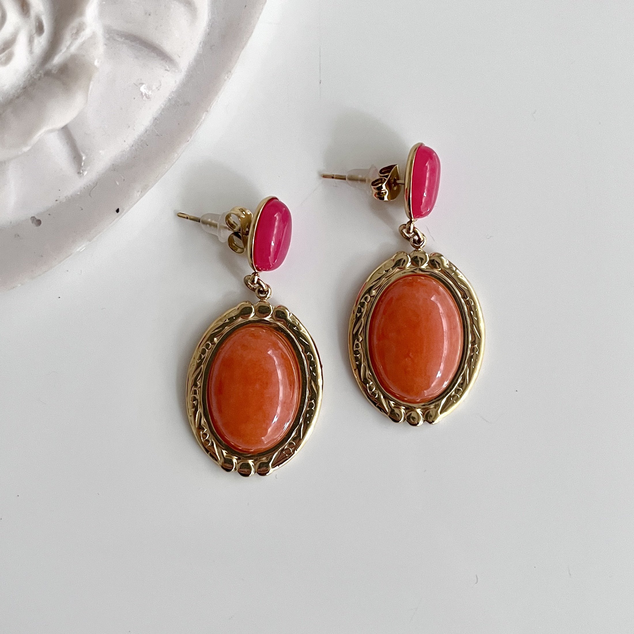 Çelik Turuncu & Pembe Taşlı Küpe