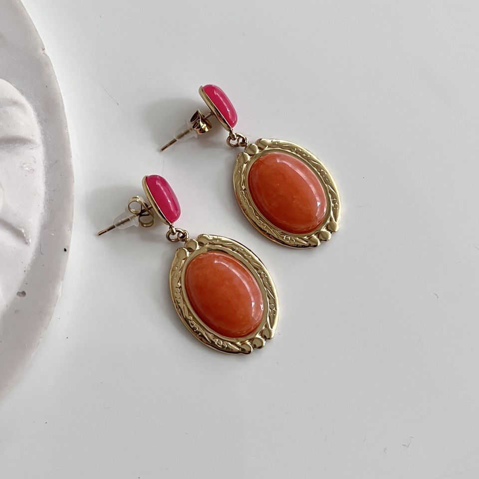 Çelik Turuncu & Pembe Taşlı Küpe