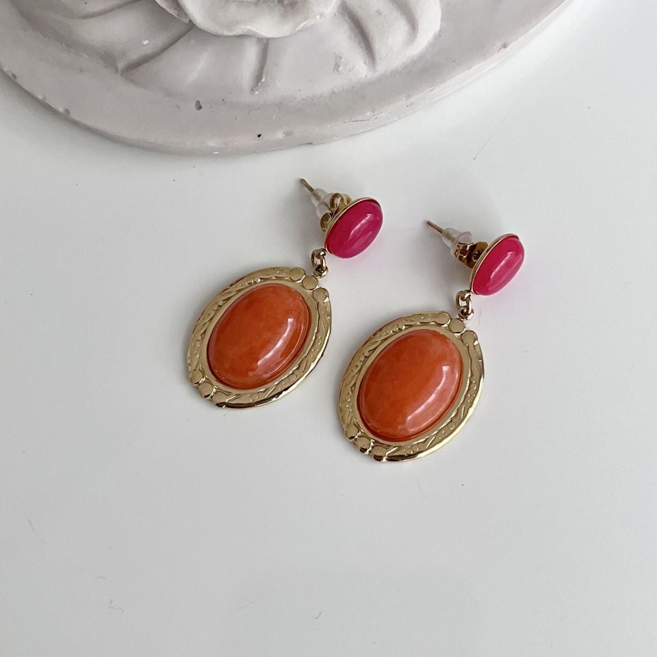 Çelik Turuncu & Pembe Taşlı Küpe