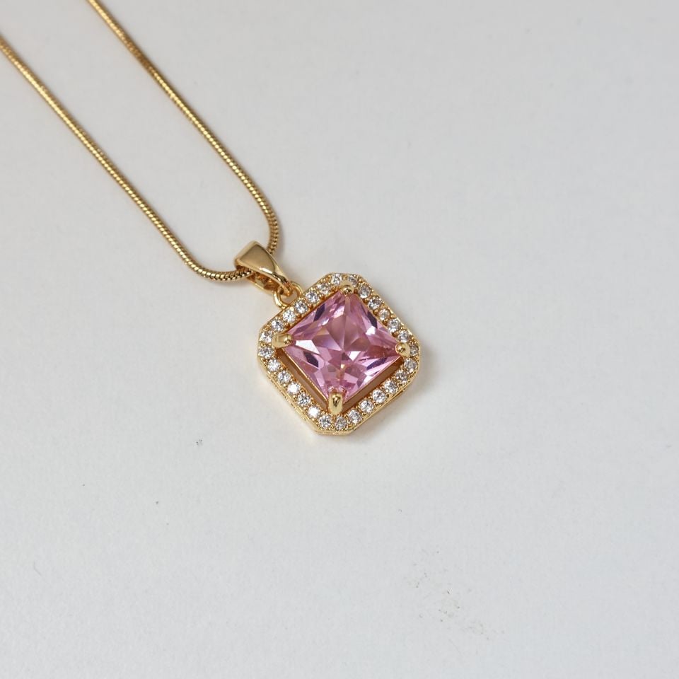 Çelik Pembe Taşlı Kolye