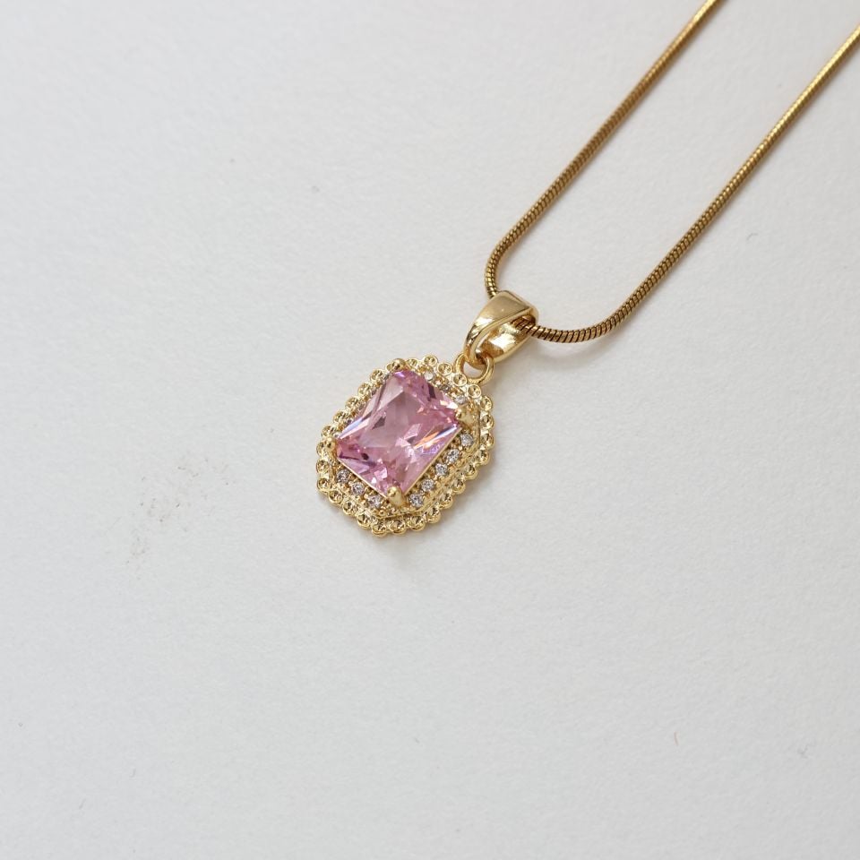 Çelik Pembe Taşlı Kolye