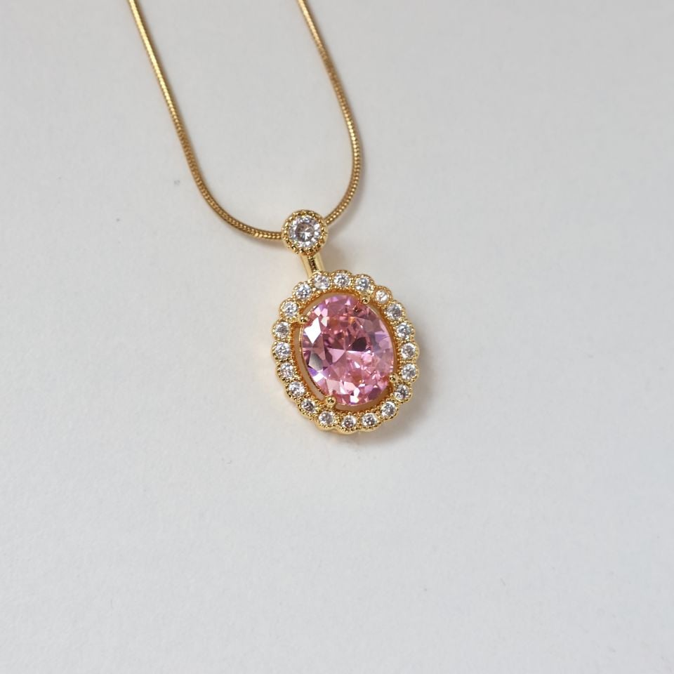 Çelik Pembe Taşlı Kolye