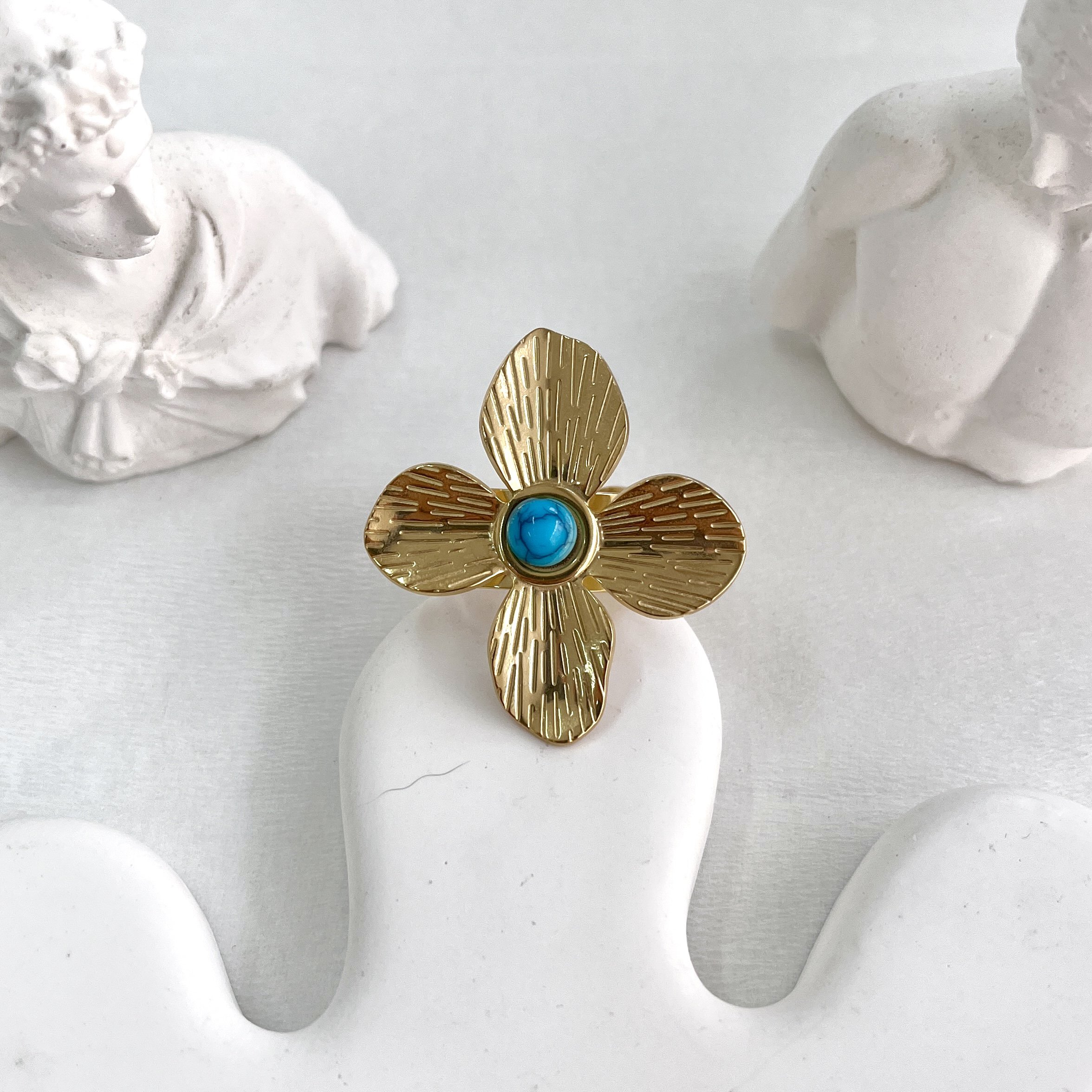 Çelik Turkuaz Taşı Çiçek Yüzük