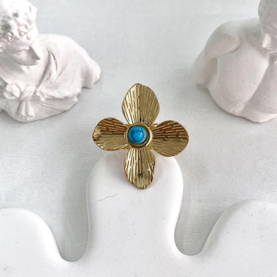 Çelik Turkuaz Taşı Çiçek Yüzük