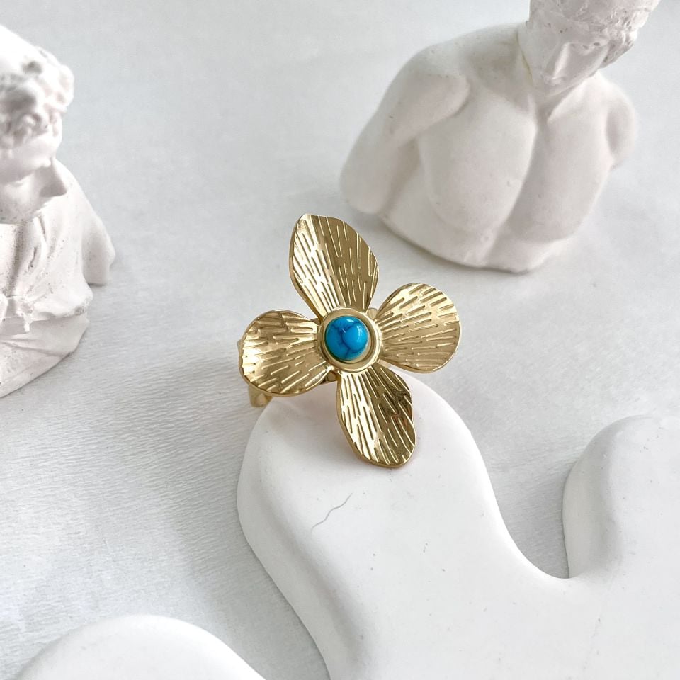 Çelik Turkuaz Taşı Çiçek Yüzük