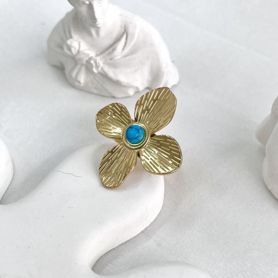 Çelik Turkuaz Taşı Çiçek Yüzük