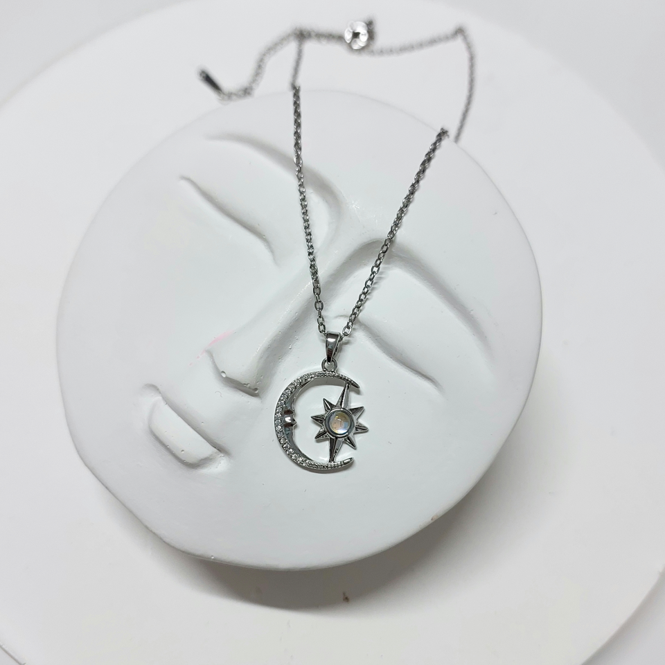 Çelik Opal Taşı Ay & Yıldız Kolye