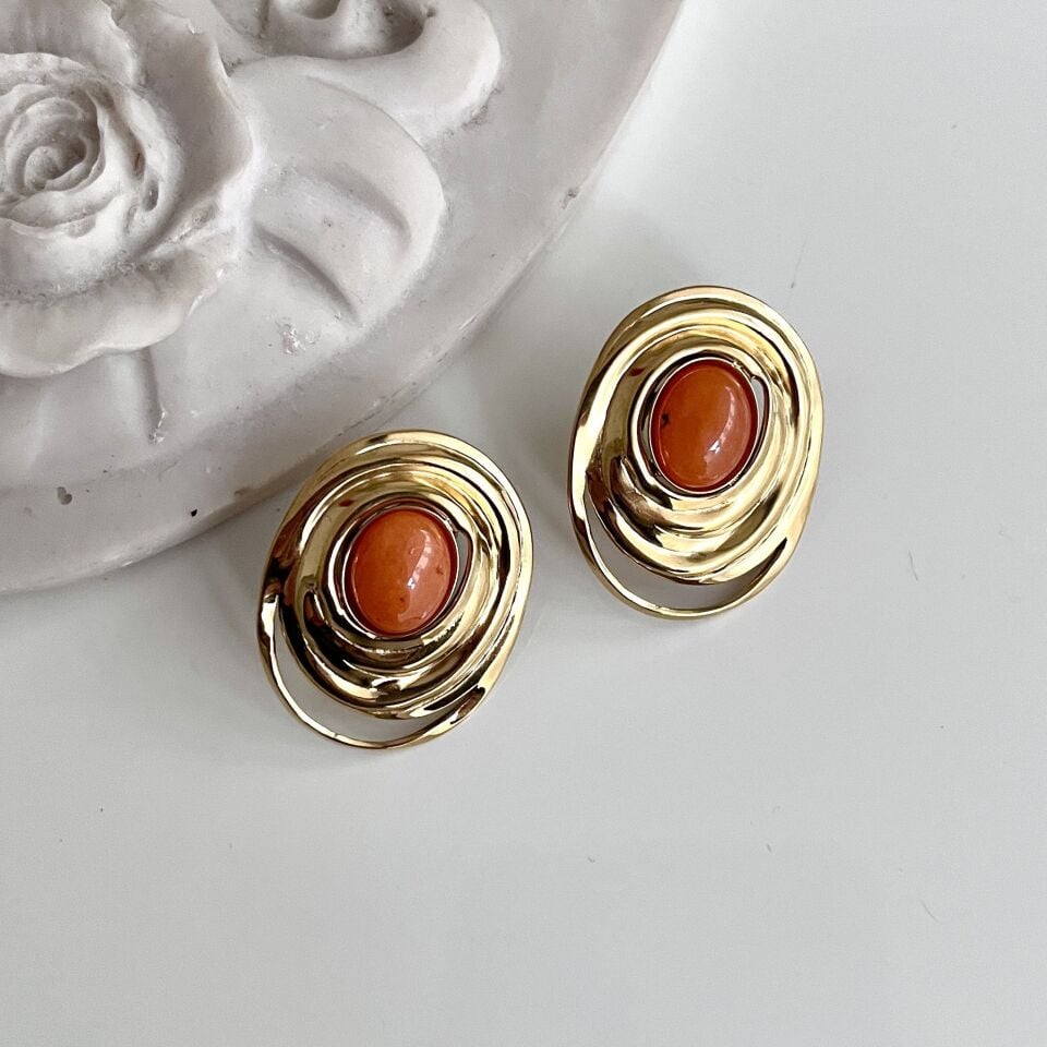 Çelik Turuncu Taşlı Küpe