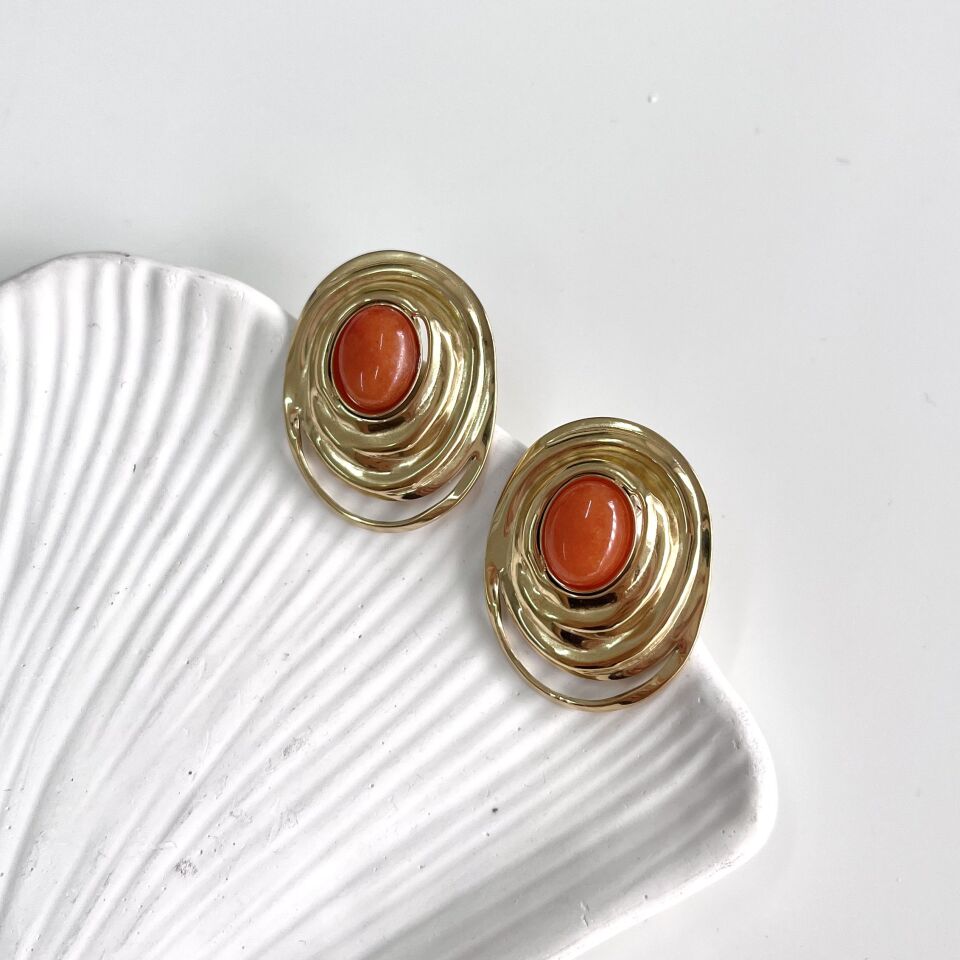 Çelik Turuncu Taşlı Küpe