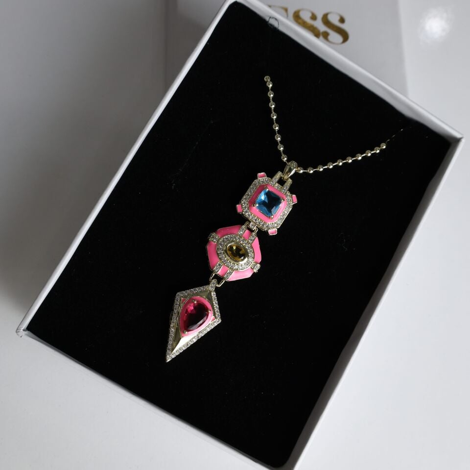 Vip Taşlı Kolye Pembe