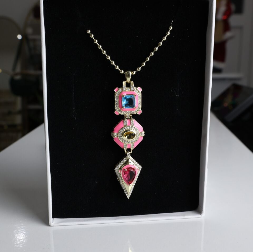 Vip Taşlı Kolye Pembe