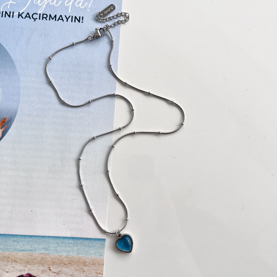 Çelik Kedi Gözü Mavi Kalp Kolye