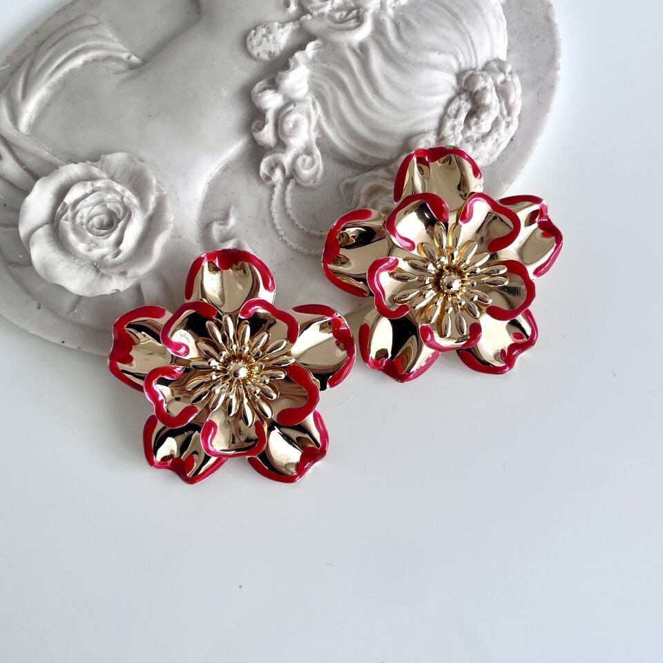 İthal Kırmızı Çiçek Küpe