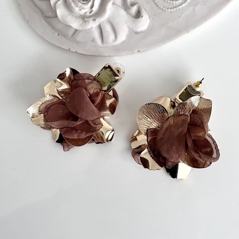 İthal Kahverengi Tüllü Çiçek Küpe