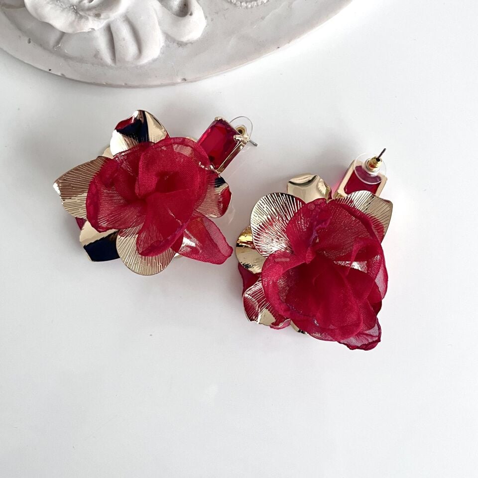 İthal Kırmızı Tüllü Çiçek Küpe