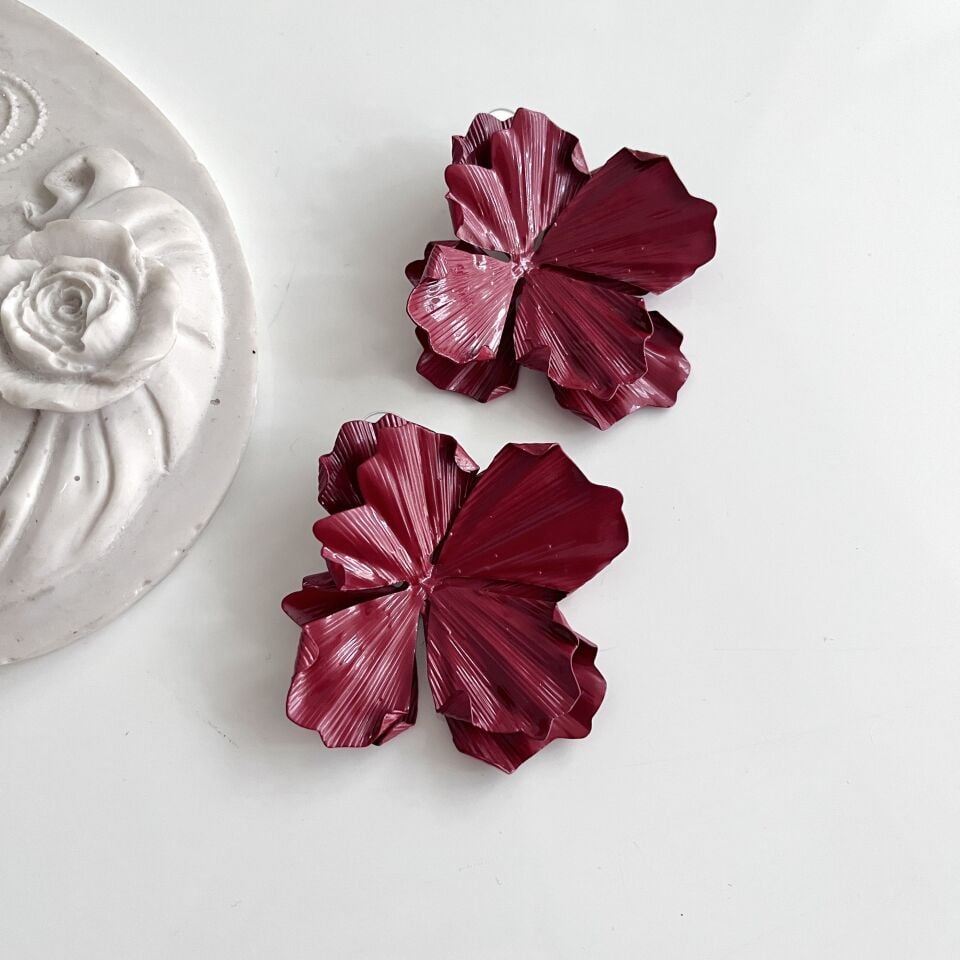 İthal Bordo Çiçek Küpe