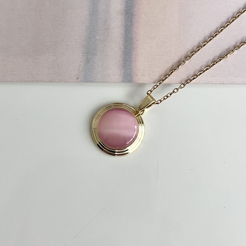 Çelik Pembe Kedi Gözü Kolye