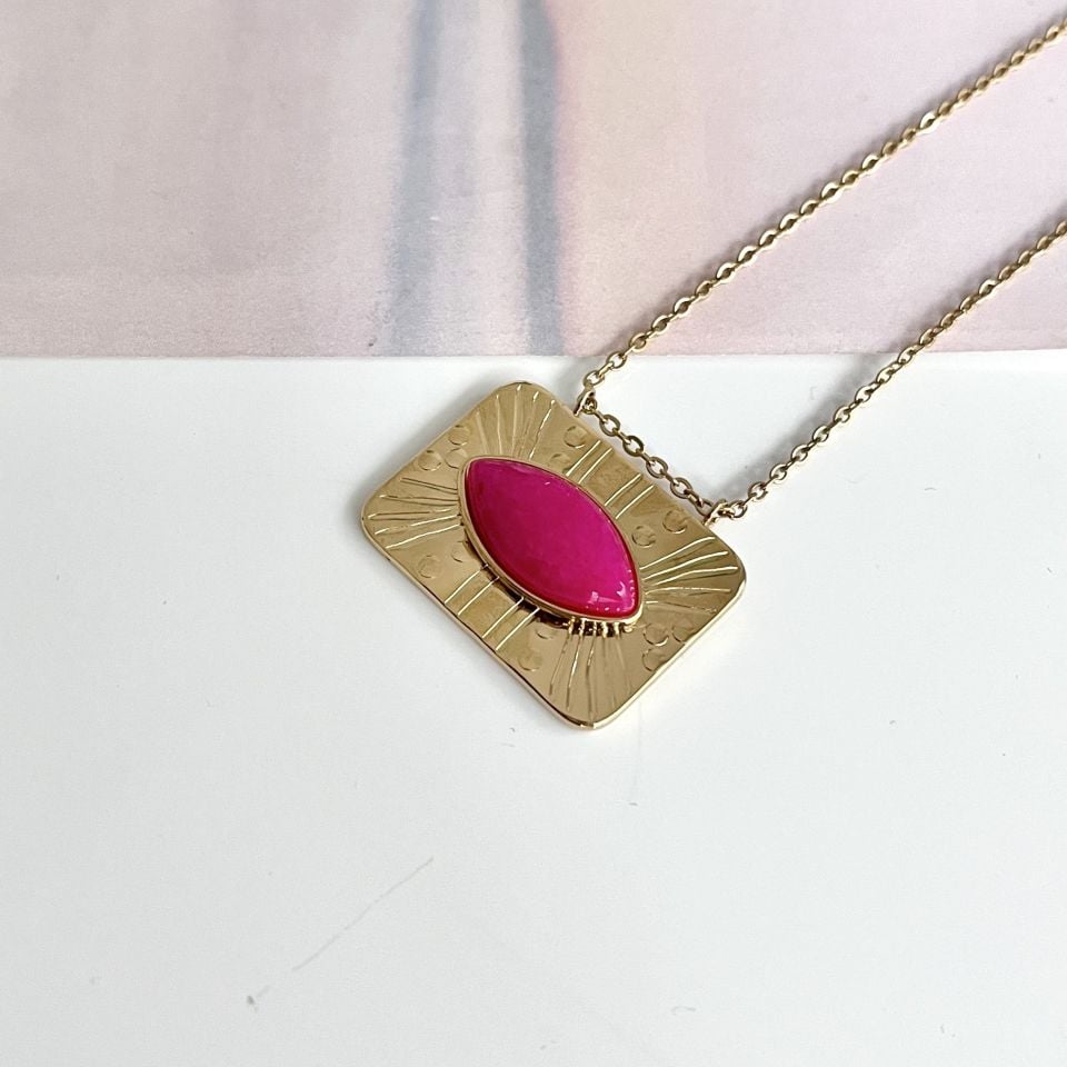 Çelik Pembe Taşlı Kolye